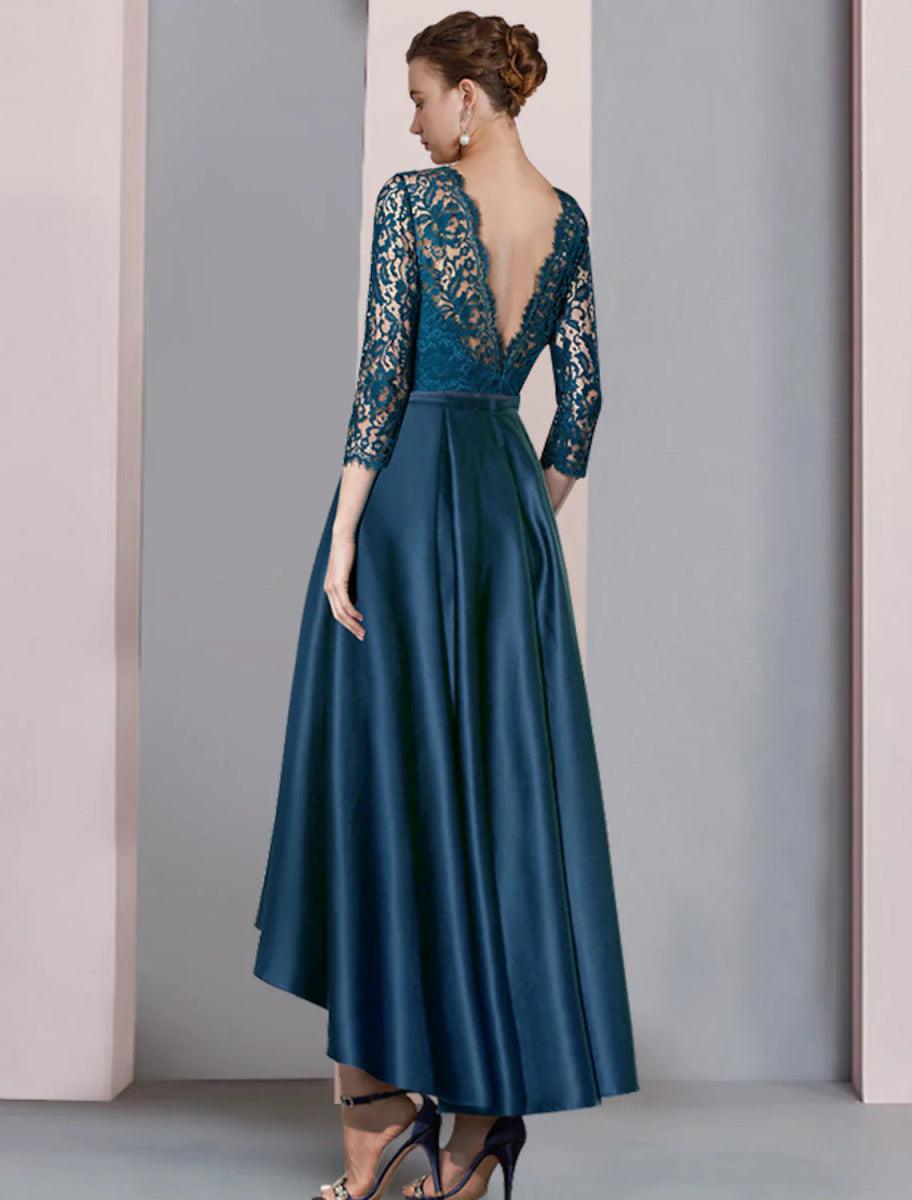 NumberSea - A - Line Mother of the Bride Dress Formal Wedding Guest Elegant High Low Scoop Neck Asymmetrical Tea Length Satin Lace Half Sleeve with Pleats