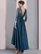 NumberSea - A - Line Mother of the Bride Dress Formal Wedding Guest Elegant High Low Scoop Neck Asymmetrical Tea Length Satin Lace Half Sleeve with Pleats