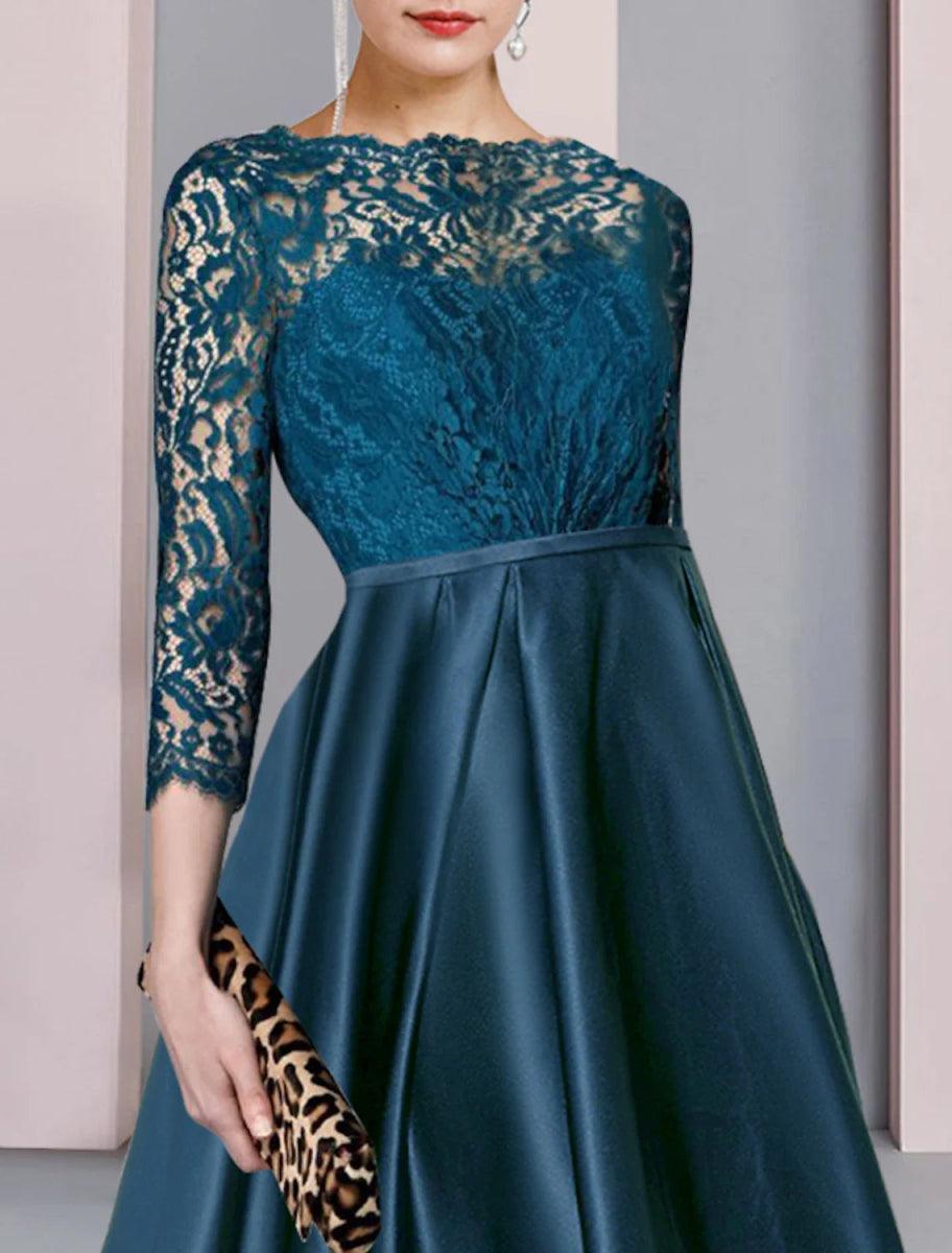 NumberSea - A - Line Mother of the Bride Dress Formal Wedding Guest Elegant High Low Scoop Neck Asymmetrical Tea Length Satin Lace Half Sleeve with Pleats