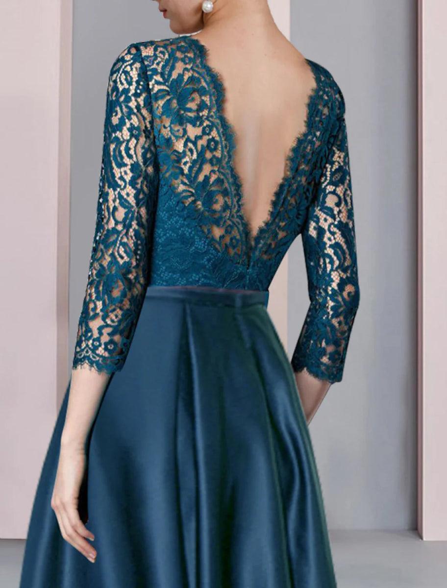 NumberSea - A - Line Mother of the Bride Dress Formal Wedding Guest Elegant High Low Scoop Neck Asymmetrical Tea Length Satin Lace Half Sleeve with Pleats