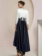 NumberSea - A - Line Mother of the Bride Dress Formal Wedding Guest Elegant High Low Shirt Collar Asymmetrical Tea Length Satin Lace 3/4 Length Sleeve with Appliques Color Block