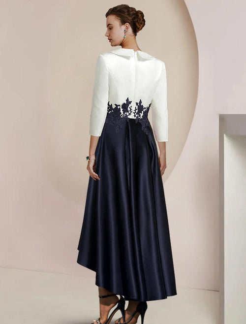 NumberSea - A - Line Mother of the Bride Dress Formal Wedding Guest Elegant High Low Shirt Collar Asymmetrical Tea Length Satin Lace 3/4 Length Sleeve with Appliques Color Block