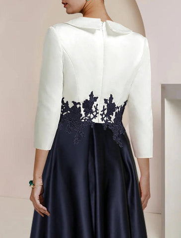 NumberSea - A - Line Mother of the Bride Dress Formal Wedding Guest Elegant High Low Shirt Collar Asymmetrical Tea Length Satin Lace 3/4 Length Sleeve with Appliques Color Block
