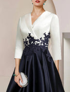 NumberSea - A - Line Mother of the Bride Dress Formal Wedding Guest Elegant High Low Shirt Collar Asymmetrical Tea Length Satin Lace 3/4 Length Sleeve with Appliques Color Block