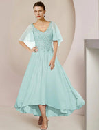 NumberSea - A - Line Mother of the Bride Dress Formal Wedding Guest Elegant High Low V Neck Asymmetrical Tea Length Chiffon Lace Short Sleeve with Pleats Appliques