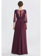 NumberSea - A - Line Mother of the Bride Dress Formal Wedding Guest Elegant Jewel Neck Floor Length Chiffon Lace 3/4 Length Sleeve with Lace Solid Color