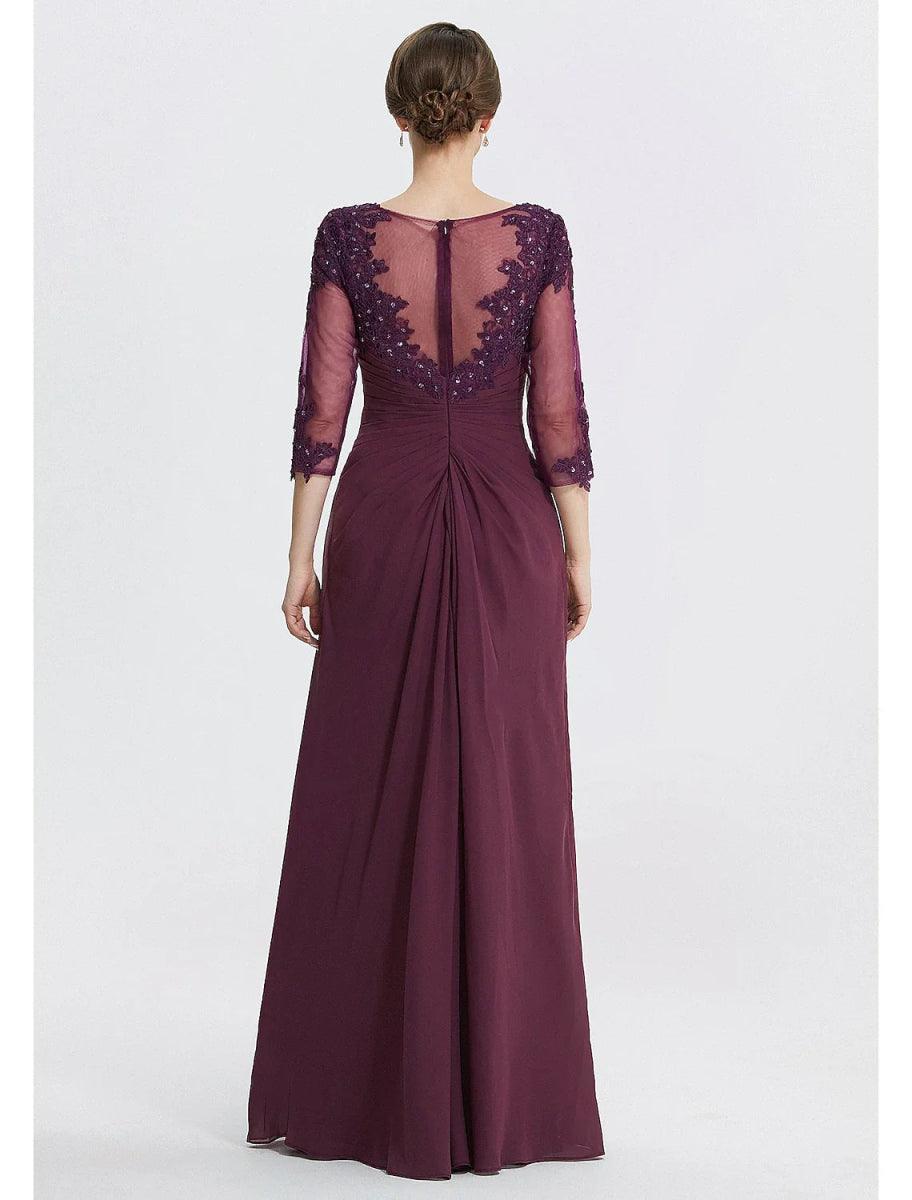 NumberSea - A - Line Mother of the Bride Dress Formal Wedding Guest Elegant Jewel Neck Floor Length Chiffon Lace 3/4 Length Sleeve with Lace Solid Color
