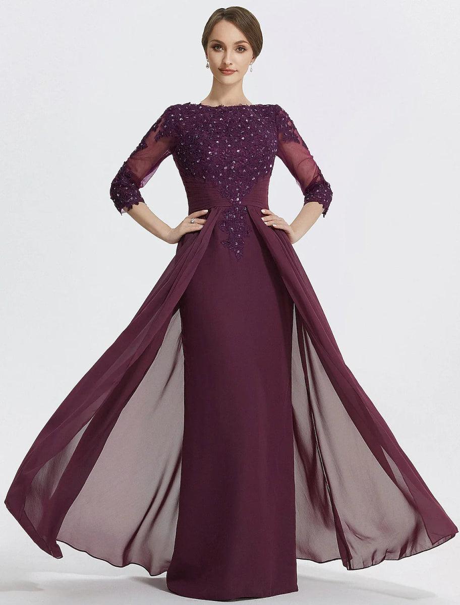 NumberSea - A - Line Mother of the Bride Dress Formal Wedding Guest Elegant Jewel Neck Floor Length Chiffon Lace 3/4 Length Sleeve with Lace Solid Color