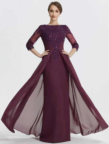 NumberSea - A - Line Mother of the Bride Dress Formal Wedding Guest Elegant Jewel Neck Floor Length Chiffon Lace 3/4 Length Sleeve with Lace Solid Color