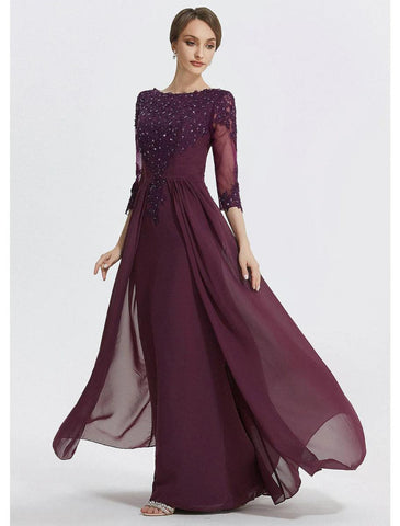 NumberSea - A - Line Mother of the Bride Dress Formal Wedding Guest Elegant Jewel Neck Floor Length Chiffon Lace 3/4 Length Sleeve with Lace Solid Color