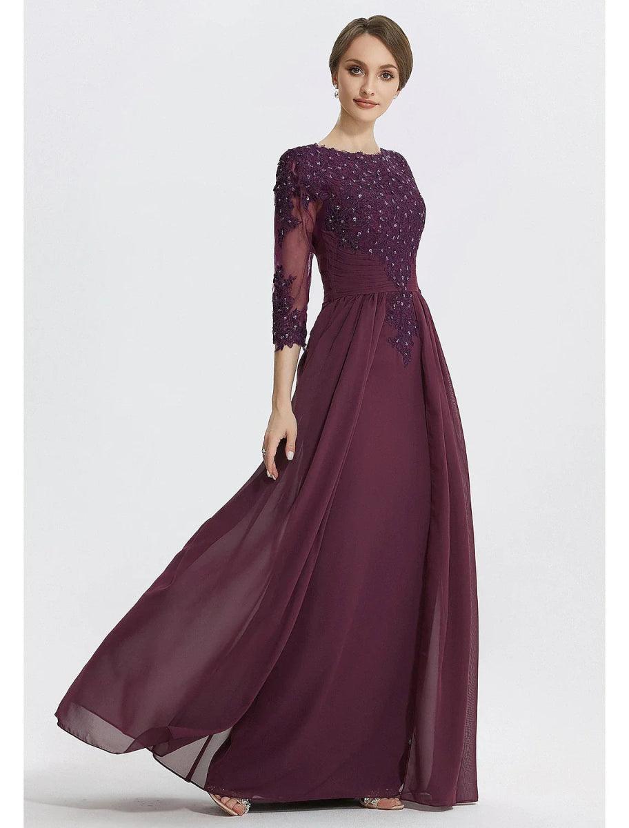 NumberSea - A - Line Mother of the Bride Dress Formal Wedding Guest Elegant Jewel Neck Floor Length Chiffon Lace 3/4 Length Sleeve with Lace Solid Color
