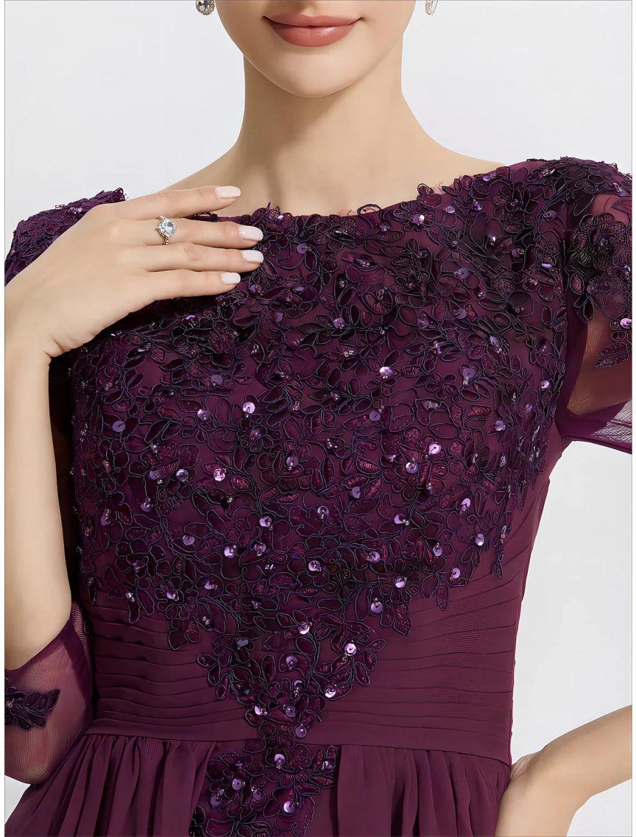 NumberSea - A - Line Mother of the Bride Dress Formal Wedding Guest Elegant Jewel Neck Floor Length Chiffon Lace 3/4 Length Sleeve with Lace Solid Color