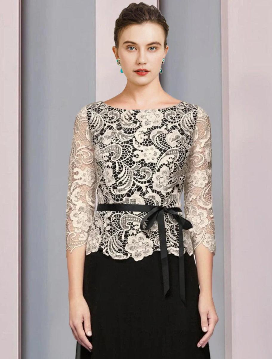 NumberSea - A - Line Mother of the Bride Dress Formal Wedding Guest Elegant Scoop Neck Floor Length Chiffon Lace 3/4 Length Sleeve with Bow(s) Color Block