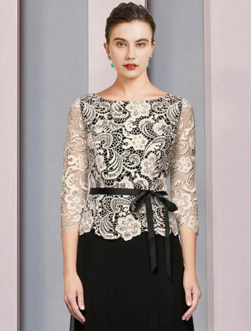 NumberSea - A - Line Mother of the Bride Dress Formal Wedding Guest Elegant Scoop Neck Floor Length Chiffon Lace 3/4 Length Sleeve with Bow(s) Color Block