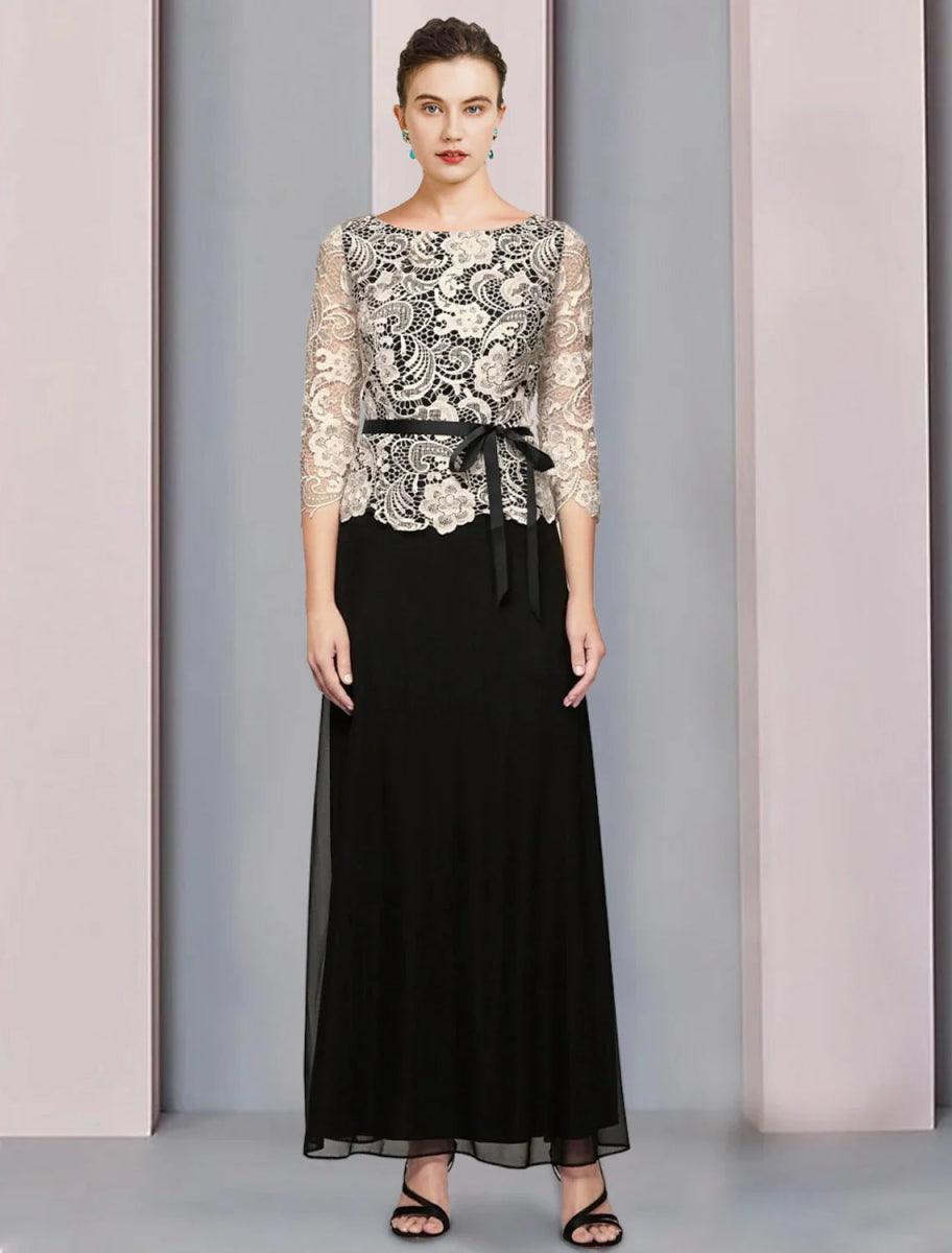 NumberSea - A - Line Mother of the Bride Dress Formal Wedding Guest Elegant Scoop Neck Floor Length Chiffon Lace 3/4 Length Sleeve with Bow(s) Color Block