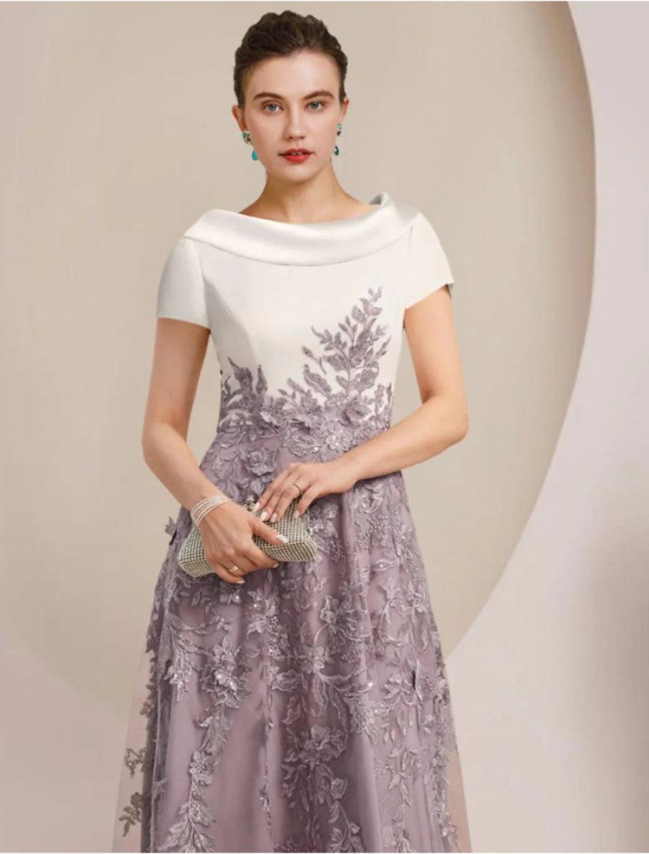 NumberSea - A - Line Mother of the Bride Dress Formal Wedding Guest Elegant Scoop Neck Tea Length Satin Lace Short Sleeve with Sequin Appliques Color Block