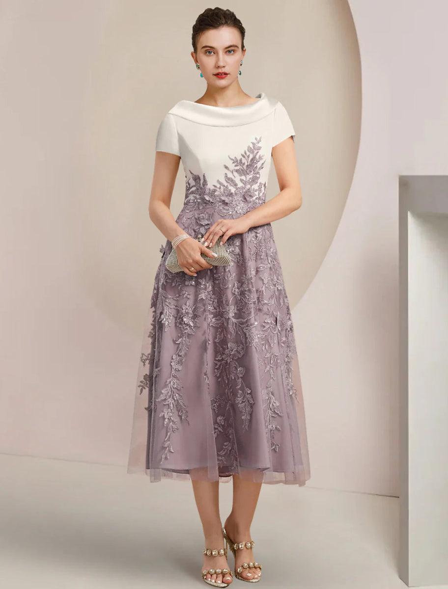 NumberSea - A - Line Mother of the Bride Dress Formal Wedding Guest Elegant Scoop Neck Tea Length Satin Lace Short Sleeve with Sequin Appliques Color Block