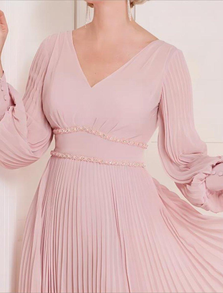 NumberSea - A - Line Mother of the Bride Dress Formal Wedding Guest Elegant Scoop Neck V Neck Tea Length Chiffon Long Sleeve with Crystals Ruching Solid Color