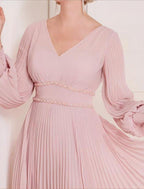 NumberSea - A - Line Mother of the Bride Dress Formal Wedding Guest Elegant Scoop Neck V Neck Tea Length Chiffon Long Sleeve with Crystals Ruching Solid Color