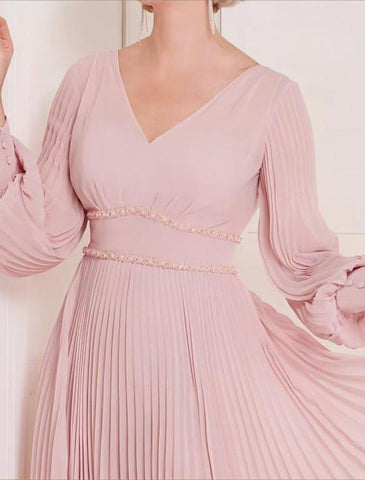 NumberSea - A - Line Mother of the Bride Dress Formal Wedding Guest Elegant Scoop Neck V Neck Tea Length Chiffon Long Sleeve with Crystals Ruching Solid Color
