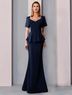 NumberSea - A - Line Mother of the Bride Dress Formal Wedding Guest Elegant Square Neck Floor Length Stretch Fabric Short Sleeve with Ruffles Solid Color