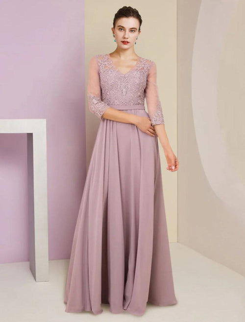 NumberSea - A - Line Mother of the Bride Dress Formal Wedding Guest Elegant V Neck Floor Length Chiffon Lace 3/4 Length Sleeve with Pleats Appliques