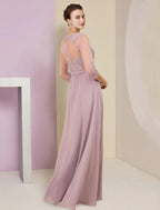 NumberSea - A - Line Mother of the Bride Dress Formal Wedding Guest Elegant V Neck Floor Length Chiffon Lace 3/4 Length Sleeve with Pleats Appliques