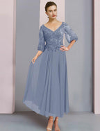 NumberSea - A - Line Mother of the Bride Dress Formal Wedding Guest Elegant V Neck Tea Length Chiffon Lace 3/4 Length Sleeve Wrap Included with Pleats Appliques