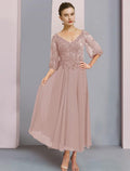 NumberSea - A - Line Mother of the Bride Dress Formal Wedding Guest Elegant V Neck Tea Length Chiffon Lace 3/4 Length Sleeve Wrap Included with Pleats Appliques