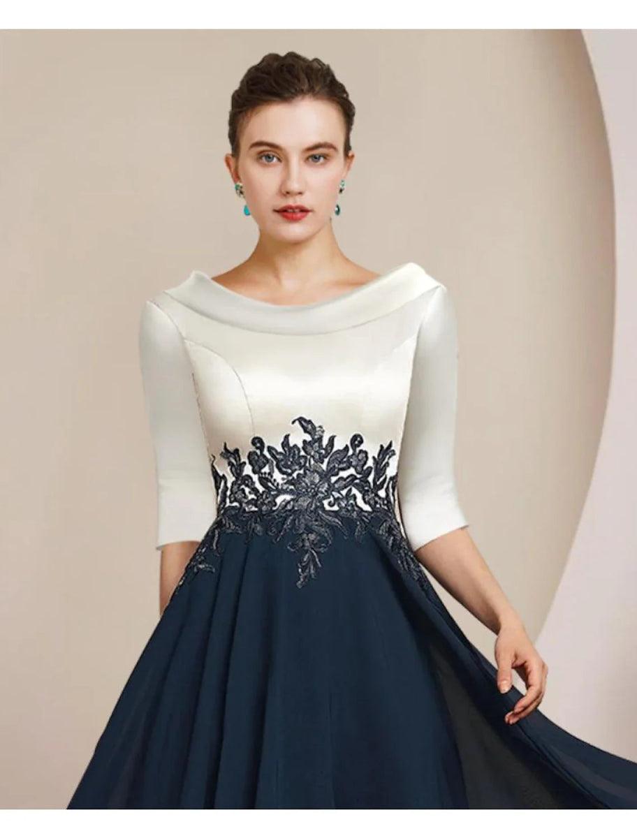 NumberSea - A - Line Mother of the Bride Dress Formal Wedding Guest Elegant Vintage Bateau Neck Tea Length Chiffon Lace 3/4 Length Sleeve with Pleats Appliques Color Block