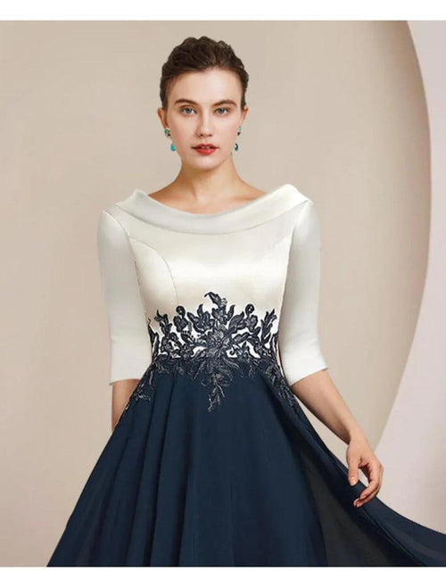NumberSea - A - Line Mother of the Bride Dress Formal Wedding Guest Elegant Vintage Bateau Neck Tea Length Chiffon Lace 3/4 Length Sleeve with Pleats Appliques Color Block