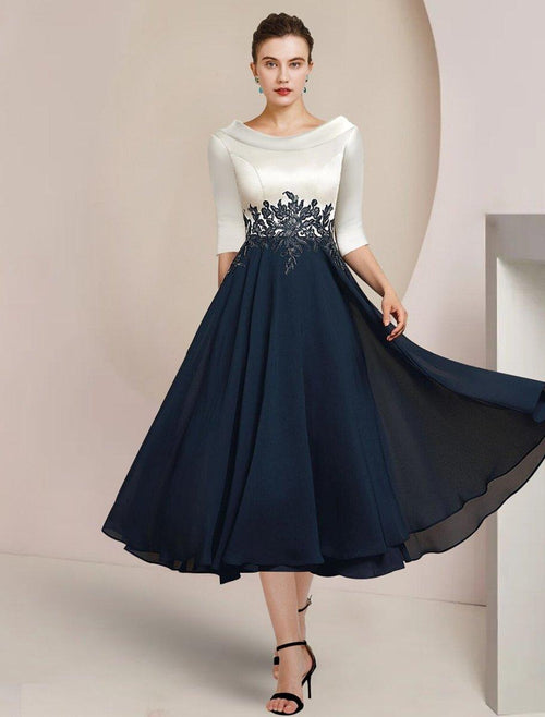 NumberSea - A - Line Mother of the Bride Dress Formal Wedding Guest Elegant Vintage Bateau Neck Tea Length Chiffon Lace 3/4 Length Sleeve with Pleats Appliques Color Block
