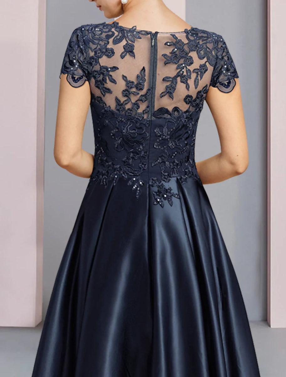 NumberSea-A-Line Mother of the Bride Dress Formal Wedding Guest Party Elegant High Low Scoop Neck Asymmetrical Tea Length Satin Lace Half Sleeve with