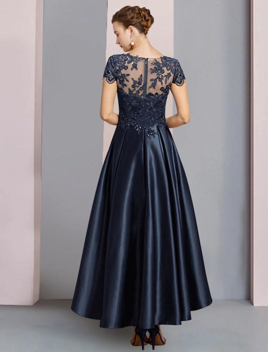 NumberSea-A-Line Mother of the Bride Dress Formal Wedding Guest Party  Elegant High Low Scoop Neck Asymmetrical Tea Length Satin Lace Half Sleeve  with Sequin Appliques