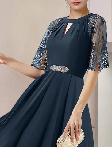 NumberSea - A - Line Mother of the Bride Dress Formal Wedding Guest Party Elegant High Low Scoop Neck Tea Length Chiffon Lace 3/4 Length Sleeve with Pleats Crystal Brooch