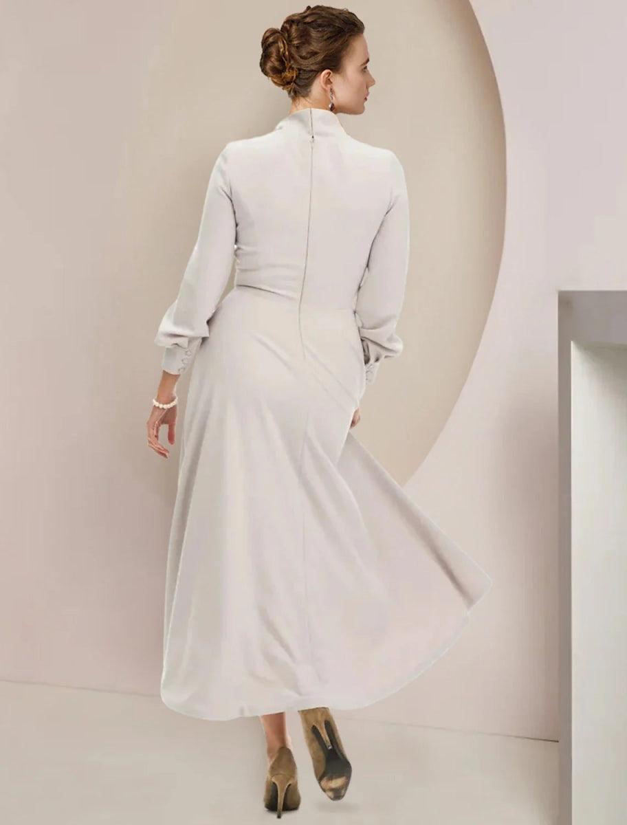 NumberSea - A - Line Mother of the Bride Dress Formal Wedding Guest Party Elegant High Neck Asymmetrical Tea Length Stretch Chiffon Long Sleeve with Bow(s)