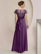 NumberSea - A - Line Mother of the Bride Dress Formal Wedding Guest Party Elegant Scoop Neck Asymmetrical Tea Length Chiffon Lace Short Sleeve with Beading Sequin Appliques