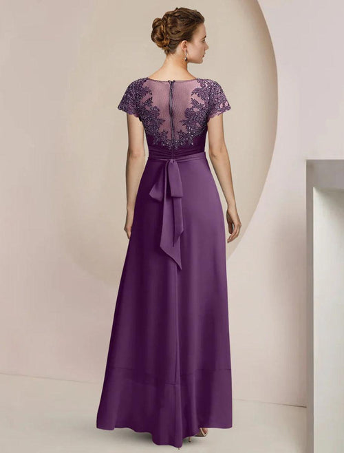 NumberSea - A - Line Mother of the Bride Dress Formal Wedding Guest Party Elegant Scoop Neck Asymmetrical Tea Length Chiffon Lace Short Sleeve with Beading Sequin Appliques