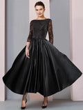 NumberSea - A - Line Mother of the Bride Dress Formal Wedding Guest Party Elegant Scoop Neck Tea Length Satin Lace 3/4 Length Sleeve with Sash / Ribbon Pleats