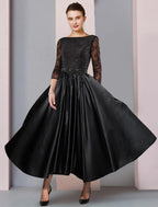 NumberSea - A - Line Mother of the Bride Dress Formal Wedding Guest Party Elegant Scoop Neck Tea Length Satin Lace 3/4 Length Sleeve with Sash / Ribbon Pleats