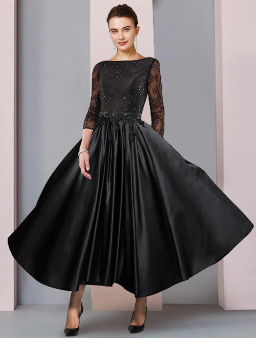 NumberSea - A - Line Mother of the Bride Dress Formal Wedding Guest Party Elegant Scoop Neck Tea Length Satin Lace 3/4 Length Sleeve with Sash / Ribbon Pleats