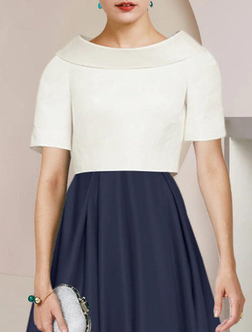 NumberSea - A - Line Mother of the Bride Dress Formal Wedding Guest Party Elegant Scoop Neck Tea Length Satin Short Sleeve with Pleats Color Block