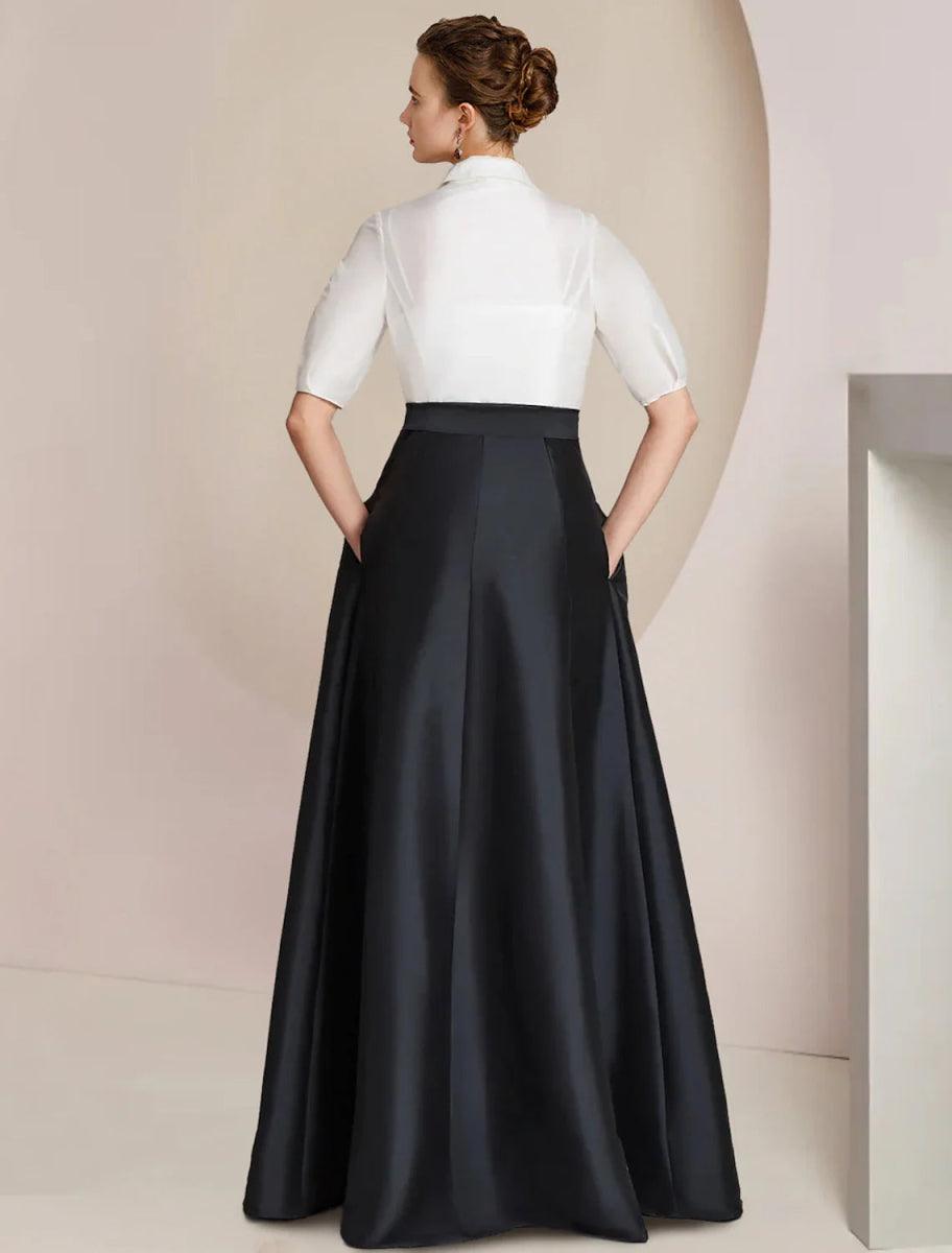 NumberSea - A - Line Mother of the Bride Dress Formal Wedding Guest Party Elegant Shirt Collar Floor Length Taffeta Short Sleeve with Bow(s) Color Block