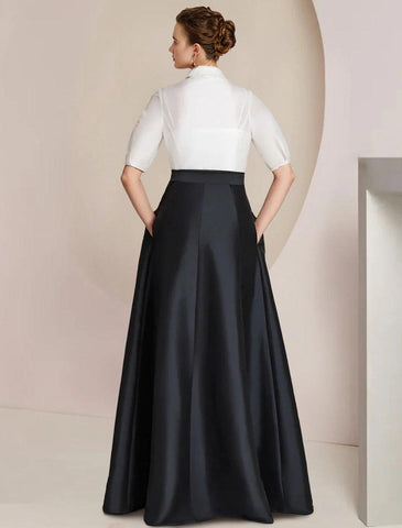 NumberSea - A - Line Mother of the Bride Dress Formal Wedding Guest Party Elegant Shirt Collar Floor Length Taffeta Short Sleeve with Bow(s) Color Block