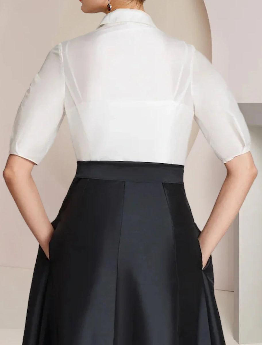 NumberSea - A - Line Mother of the Bride Dress Formal Wedding Guest Party Elegant Shirt Collar Floor Length Taffeta Short Sleeve with Bow(s) Color Block