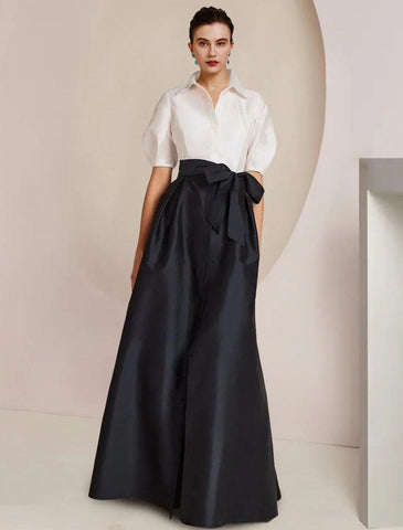 NumberSea - A - Line Mother of the Bride Dress Formal Wedding Guest Party Elegant Shirt Collar Floor Length Taffeta Short Sleeve with Bow(s) Color Block