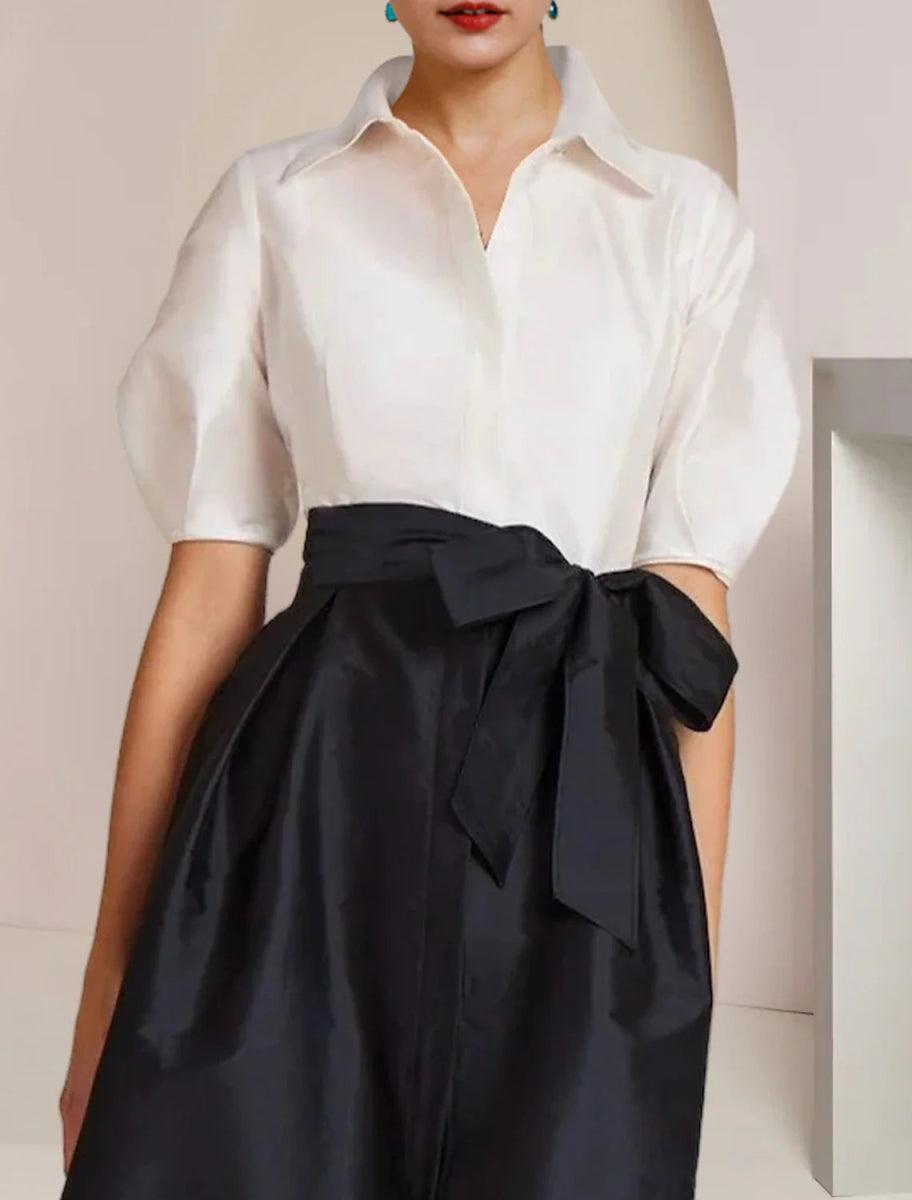 NumberSea - A - Line Mother of the Bride Dress Formal Wedding Guest Party Elegant Shirt Collar Floor Length Taffeta Short Sleeve with Bow(s) Color Block