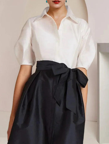 NumberSea - A - Line Mother of the Bride Dress Formal Wedding Guest Party Elegant Shirt Collar Floor Length Taffeta Short Sleeve with Bow(s) Color Block