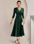 NumberSea - A - Line Mother of the Bride Dress Formal Wedding Guest Party Elegant V Neck Tea Length Stretch Fabric 3/4 Length Sleeve with Beading Side - Draped