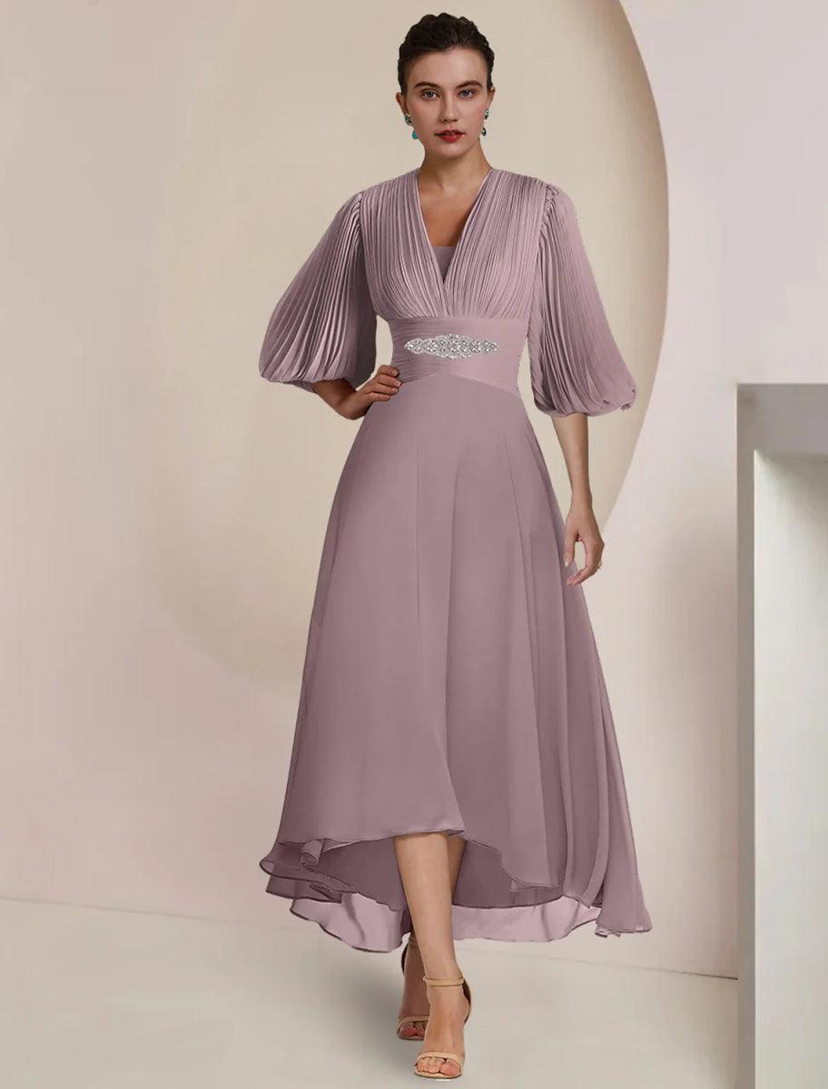 NumberSea - A - Line Mother of the Bride Dress Formal Wedding Guest Party Vintage Elegant V Neck Tea Length Chiffon 3/4 Length Sleeve with Pleats Crystals